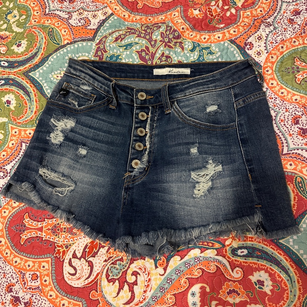 KanCan Dark Blue Distressed High-Rise Denim Shorts